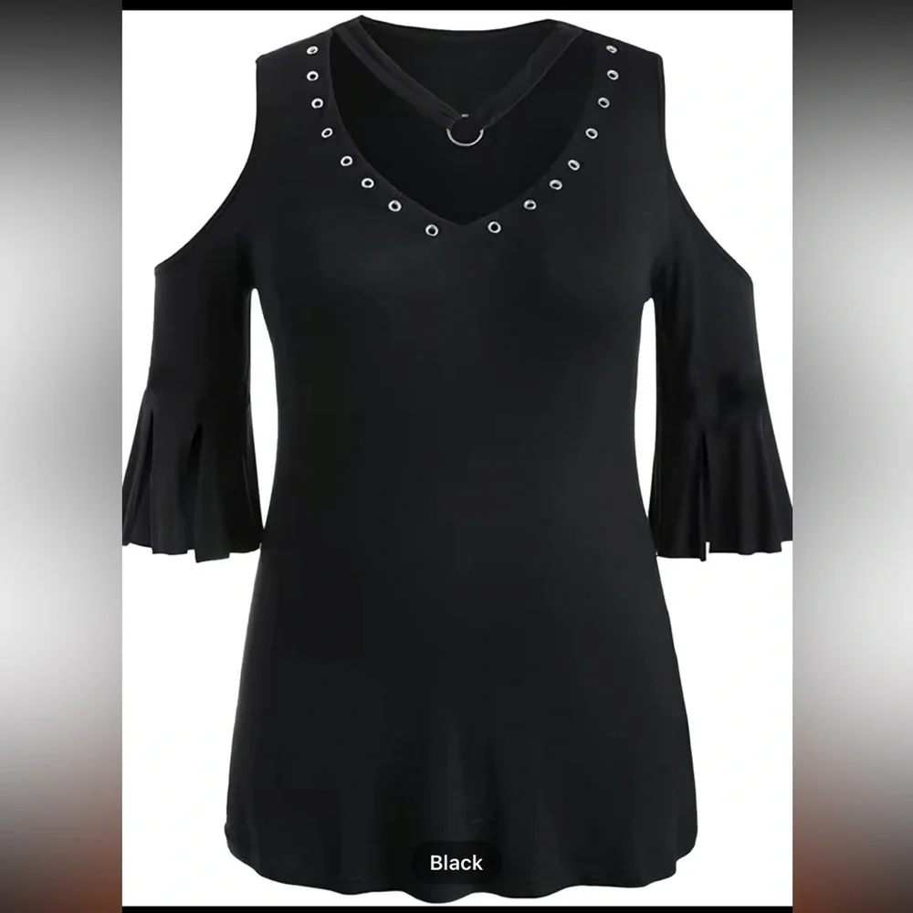 3XL (22) Plus Size V Neck Cold Shoulder Ring T-shirt Casual Women’s Stretch NWOT - Picture 5 of 7